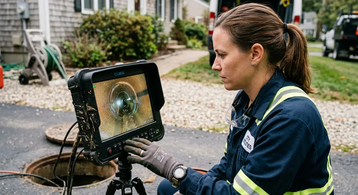 Technician reviewing sewer camera inspection footage in Lower Windsor