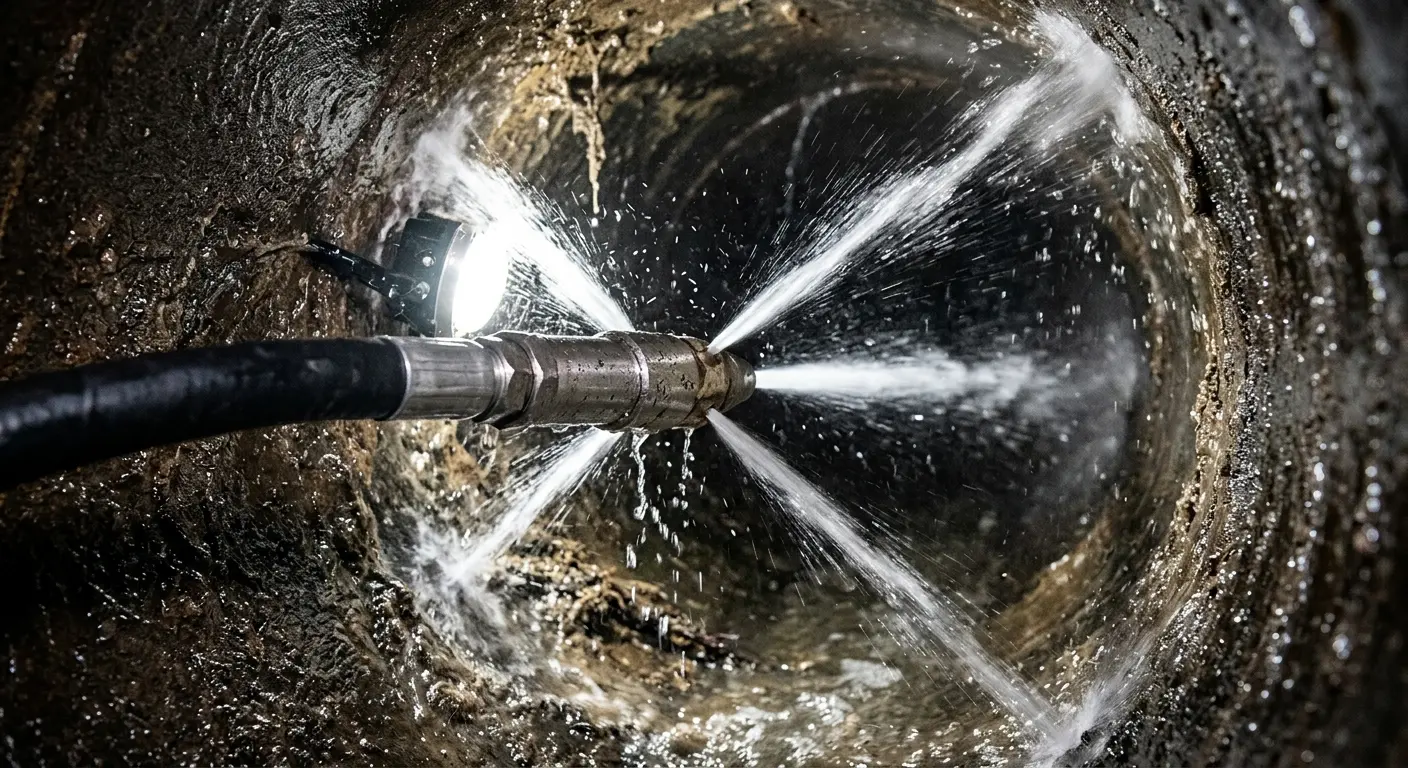 High-pressure hydro jetting nozzle cleaning sewer pipe for Emergency Drain Service in Lower Windsor