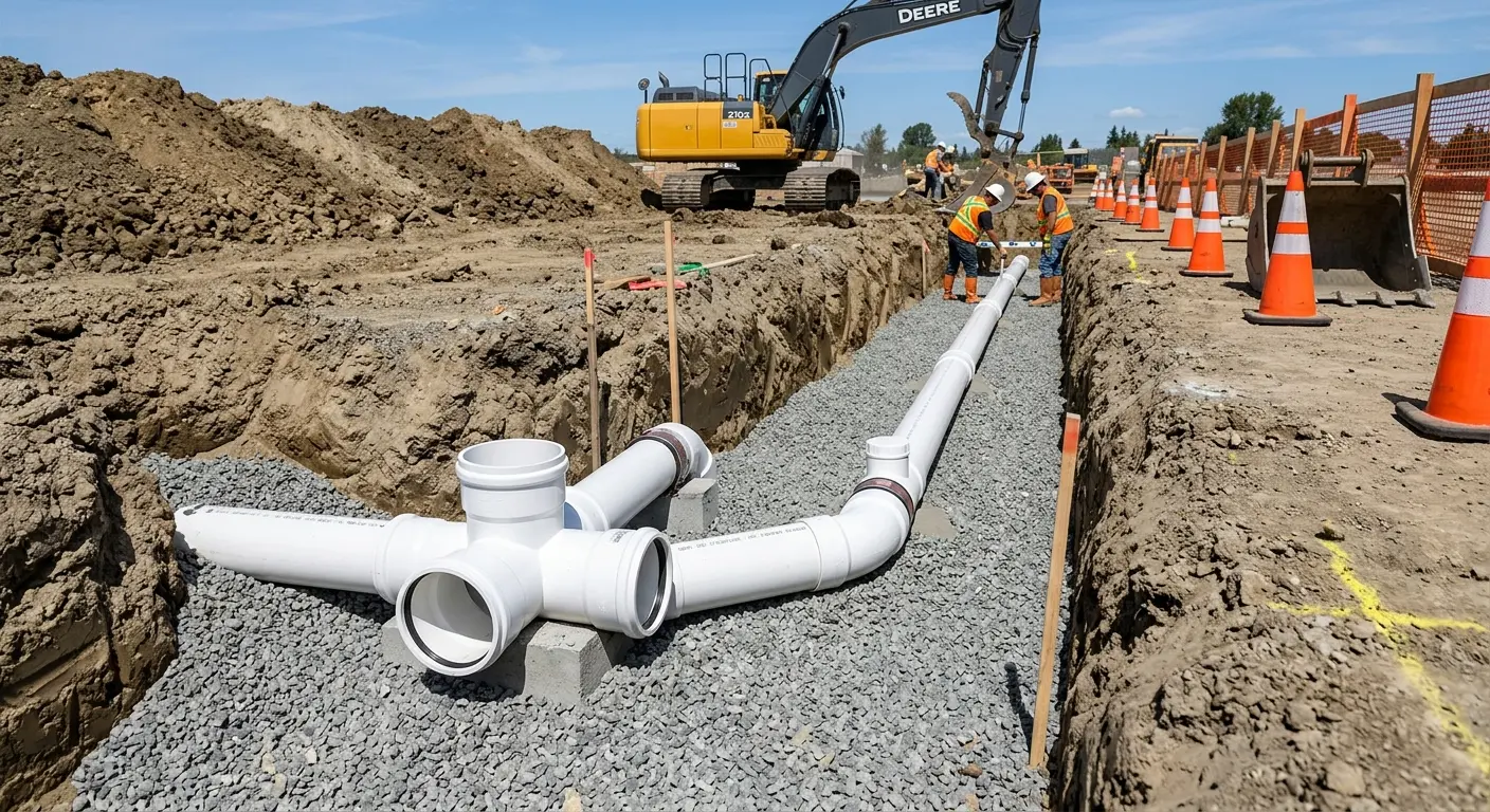 New PVC sewer pipe installation in open trench for Sewer Backup in Lower Windsor