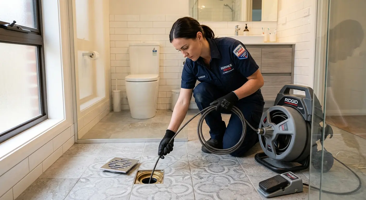 Technician clearing a bathroom floor drain for Drain Cleaning in Lower Windsor